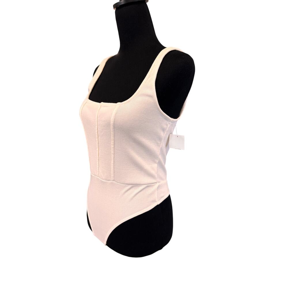New OPEN EDIT NORDSTROM Corset Detail Cotton Blend Rib Bodysuit Size M - Picture 2 of 4